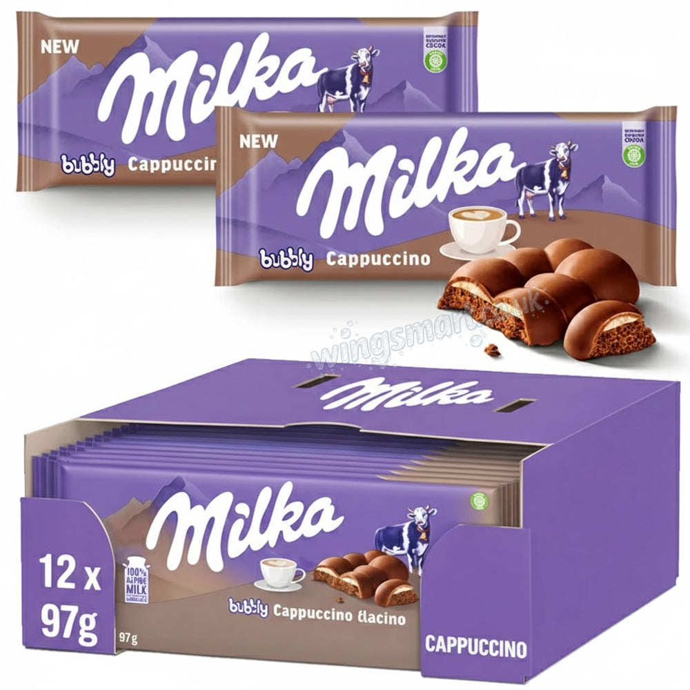 Milka Bubbly Cappuccino Chocolate Bar 12x97g – Creamy Coffee Bubble Chocolate