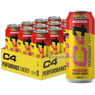 C4 Energy Strawberry Millions Zero Sugar Energy Drinks 12 x 500ml Cans