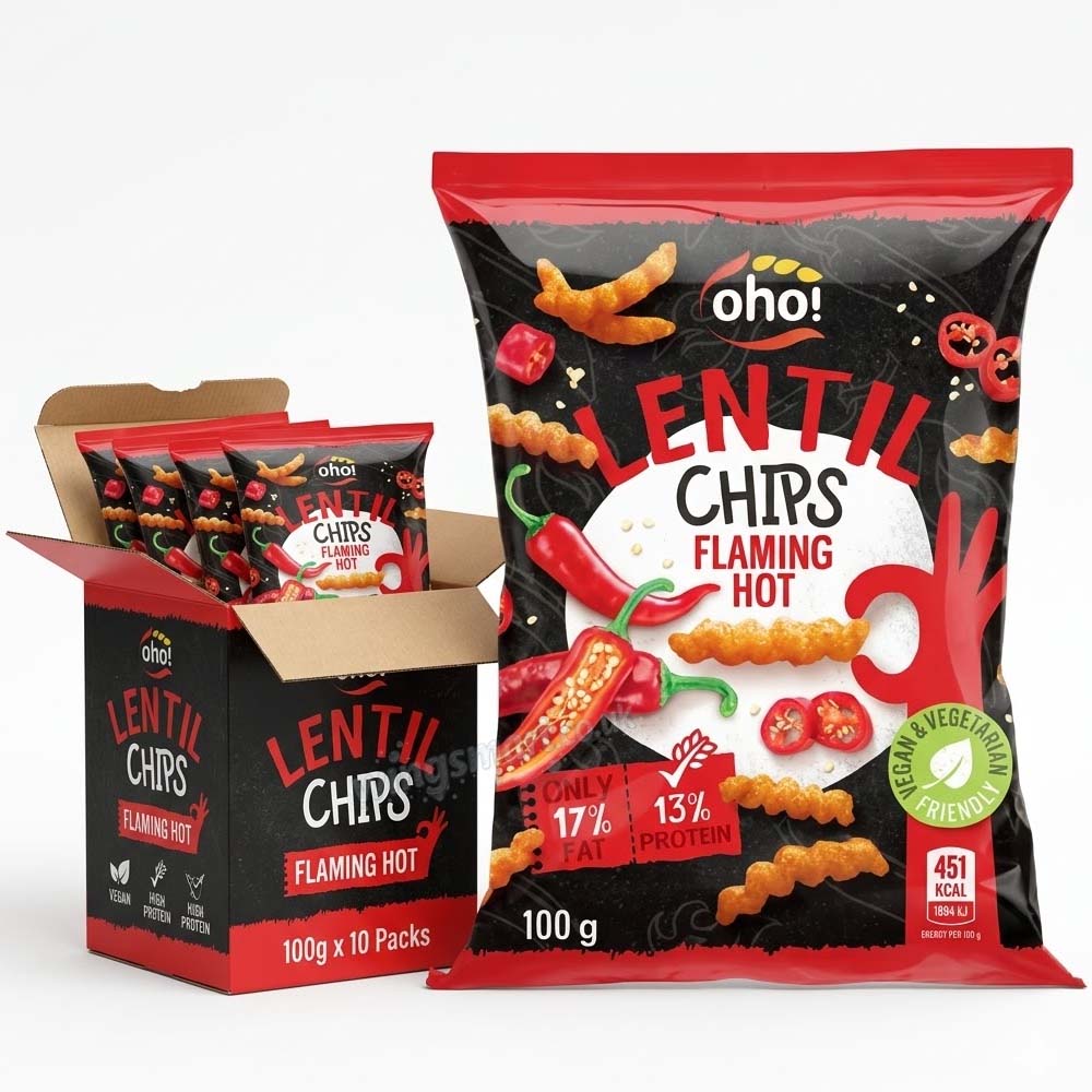 Oho! Lentil Chips Flaming Hot – 100g (10, 15 & 23 Packs)