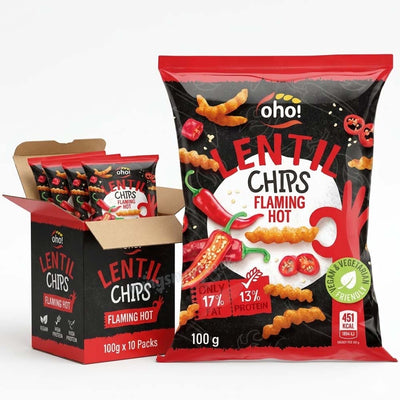 Oho! Lentil Chips Flaming Hot – 100g (10, 15 & 23 Packs)