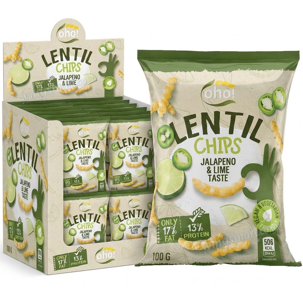 Oho! Lentil Chips Jalapeño & Lime 100g (10, 15, 23 Packs)