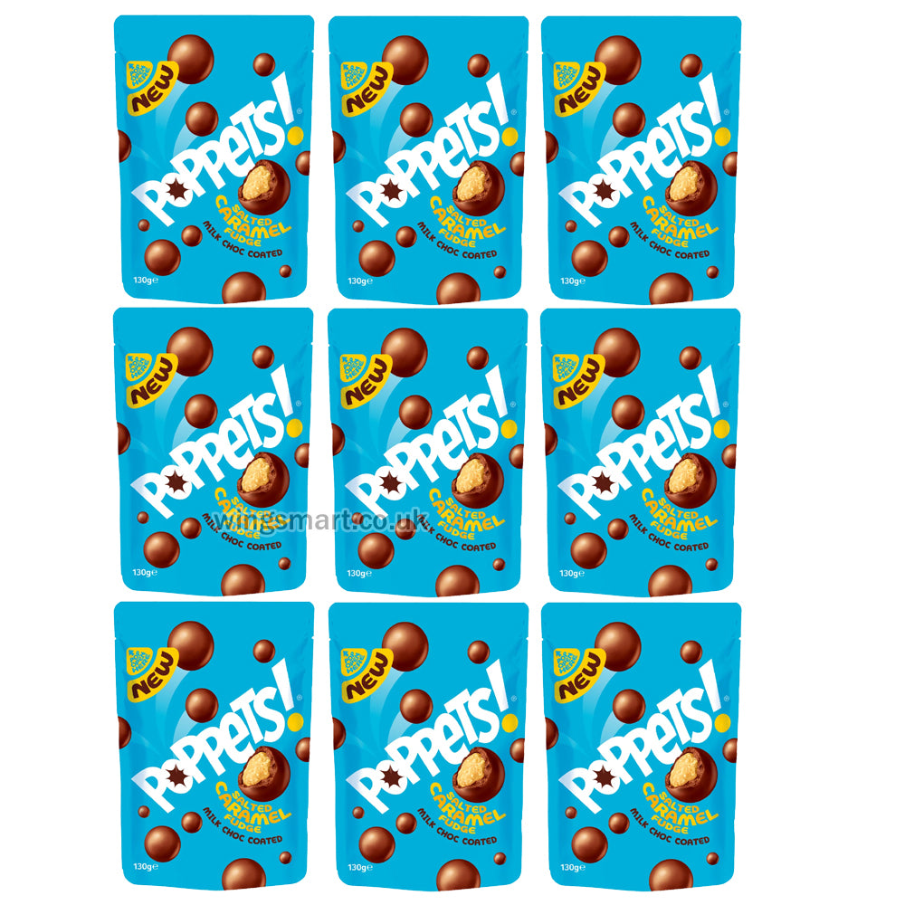 Poppets Milk Chocolate Coated Salted Caramel Fudge Pouch 120g – 9 Pack