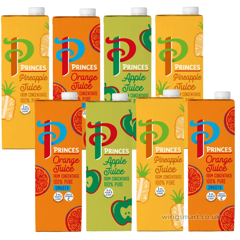 Princes 100% Pure Juice 1 Litre – Case of 8 (Apple / Orange / Pineapple)