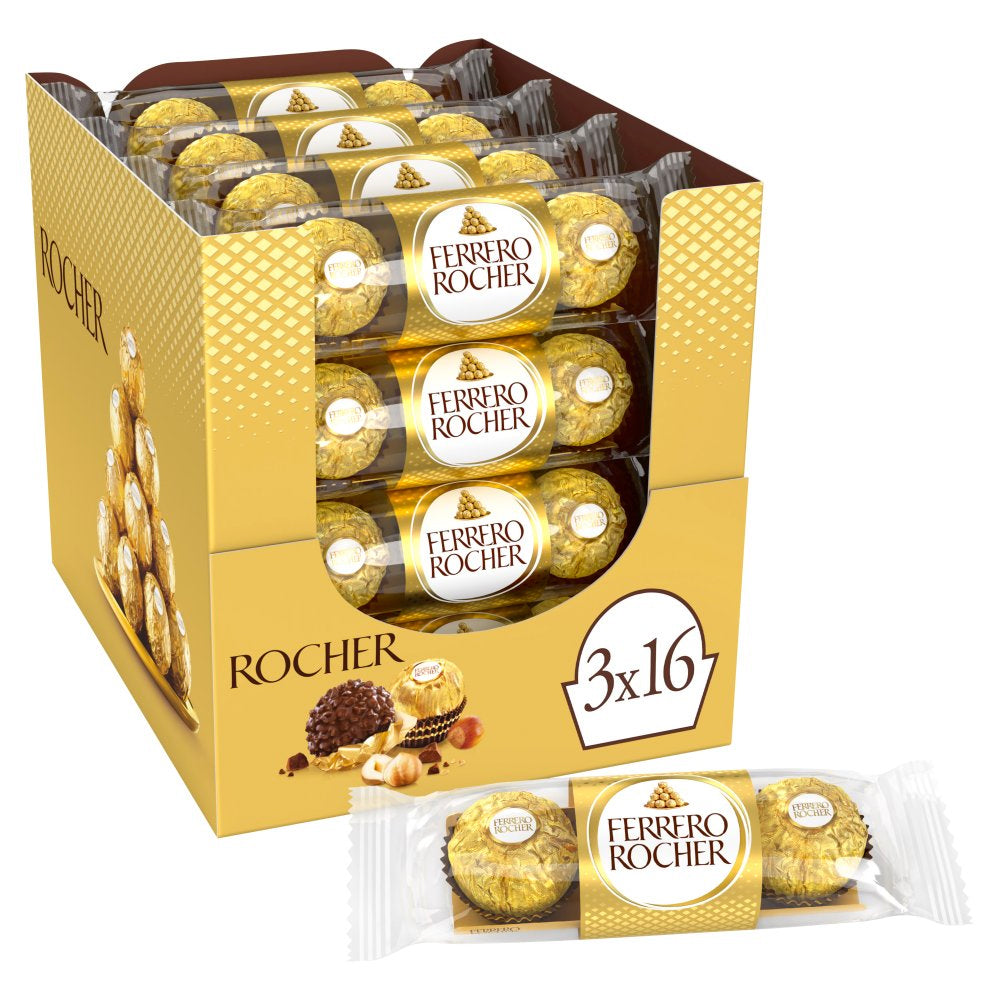 Ferrero Rocher Milk Chocolate Hazelnut Pralines Treat Pack 3 Pieces 37.5g (Box of 16)