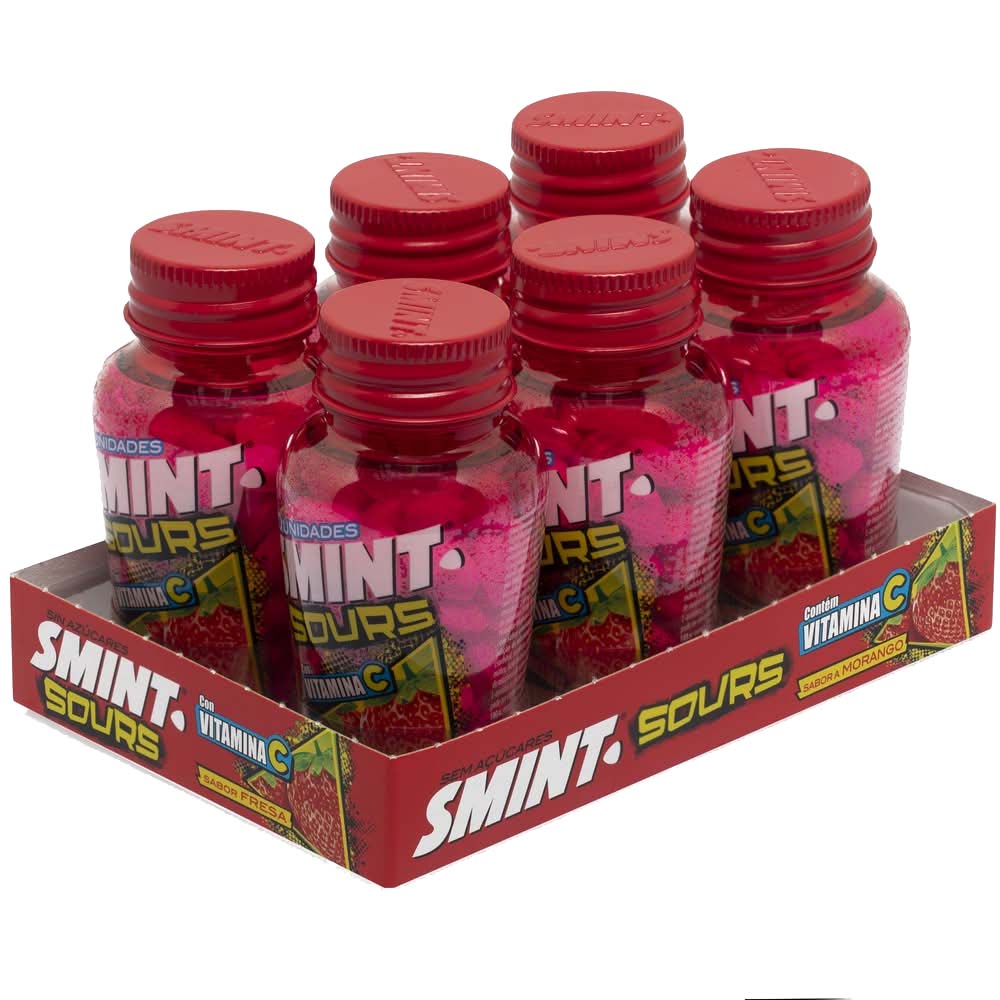 SMINT Sours Strawberry Sugar Free with Vitamin C 49g – Pack of 6 Bottles