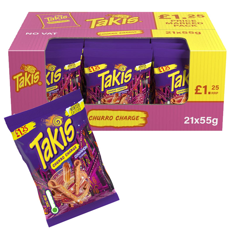 Takis Winter Edition Churro Charge Cinnamon Flavour Crisps 55g (Box of 21)