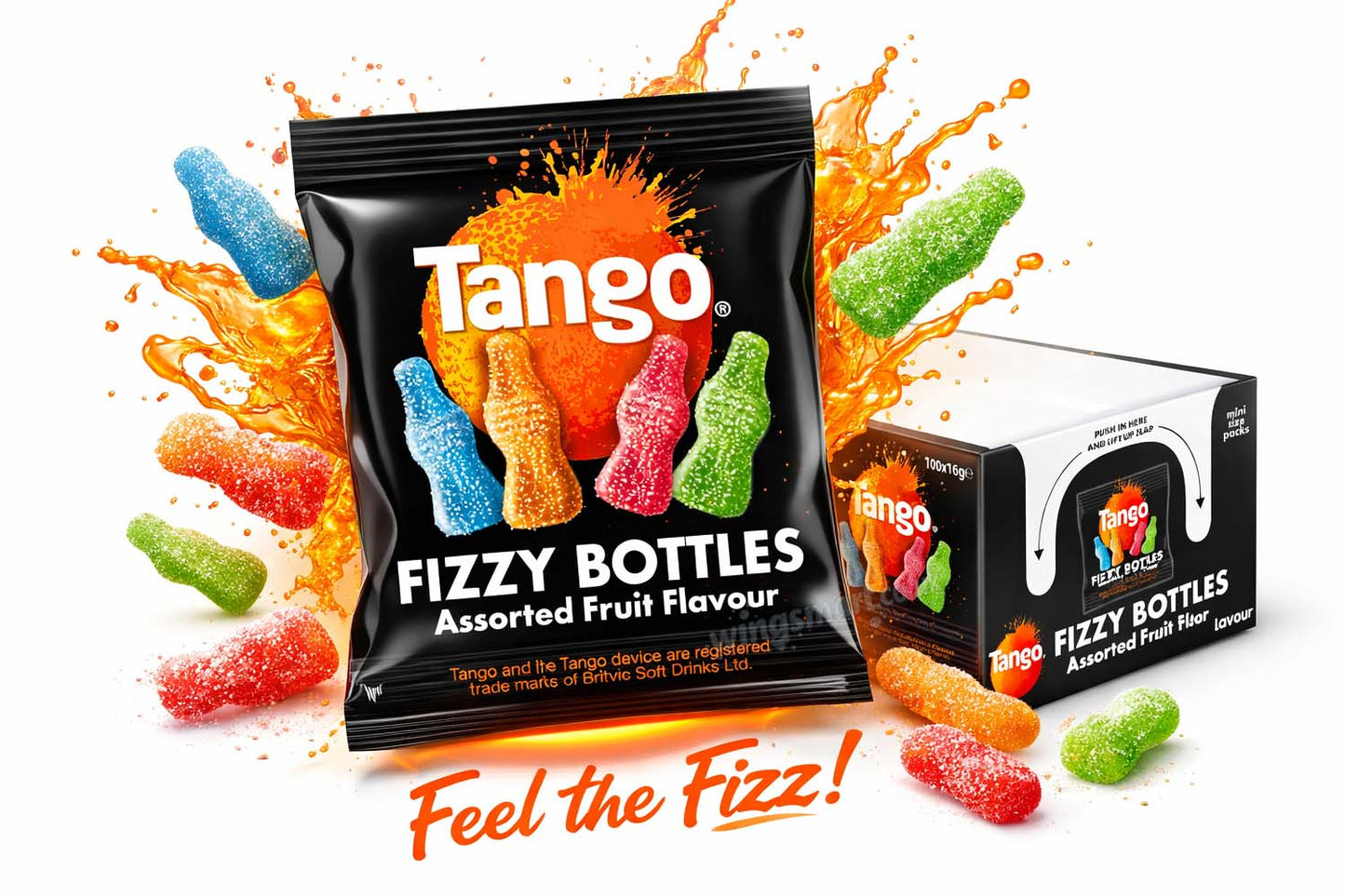 Tango Assorted Fruit Fizzy Bottles Mini Bags 16g – 100 Count Party Pack