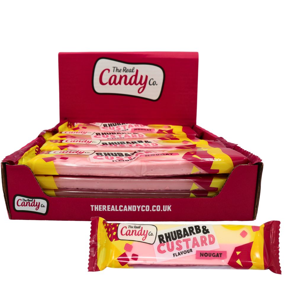The Real Candy Co. Rhubarb & Custard Nougat Bar 130g (16 Pack) – Traditional British Chewy Nougat