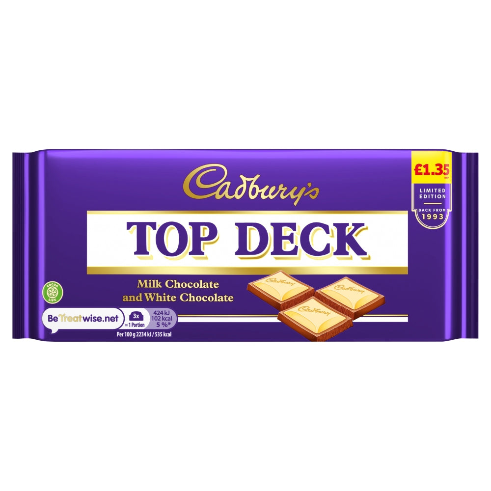 Cadbury's Top Deck Milk & White Chocolate Bar 95g (Box of 23)