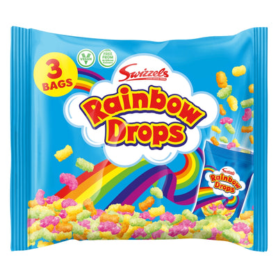 Swizzels Rainbow Drops 3 Pack (96g) | Multicoloured Sugar Coated Puffed Maize & Rice | Retro Vegan Sweets