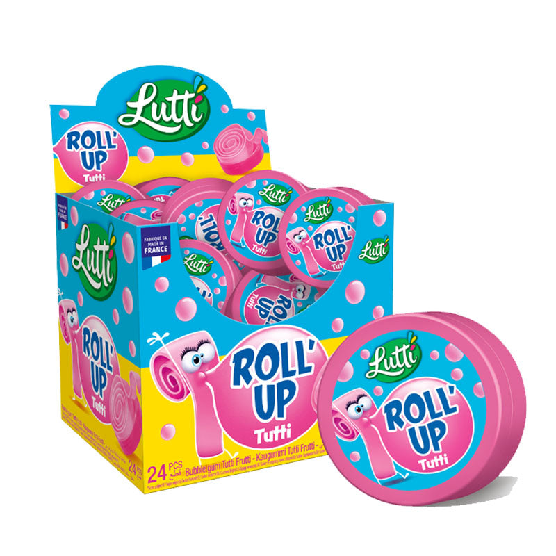 Lutti Roll Up Tutti Tub 29g x 24 Tutti Frutti Bubble Gum Rolls Fun Chewy Candy