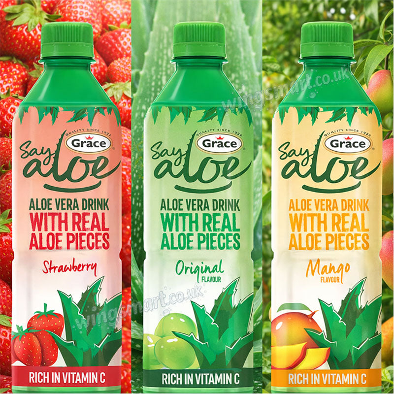 Grace Say Aloe Vera Drink Assorted Flavours 500ml x 12 Bottles – Mango, Strawberry & Original Refreshing Aloe Juice