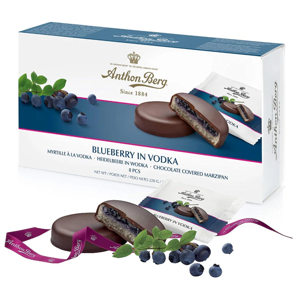 Anthon Berg Liqueur Chocolate Covered Marzipan Trio Raspberry Orange Blueberry Vodka Cherry Rum 220g