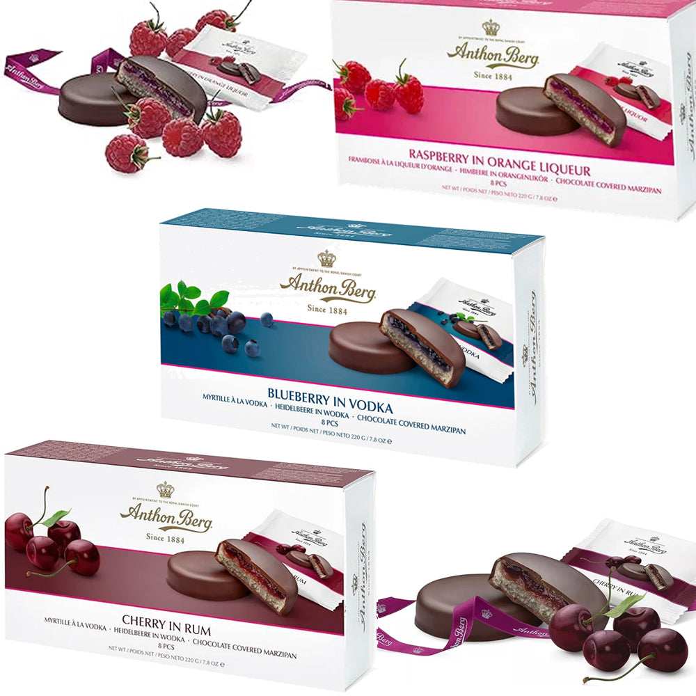 Anthon Berg Liqueur Chocolate Covered Marzipan Trio Raspberry Orange Blueberry Vodka Cherry Rum 220g