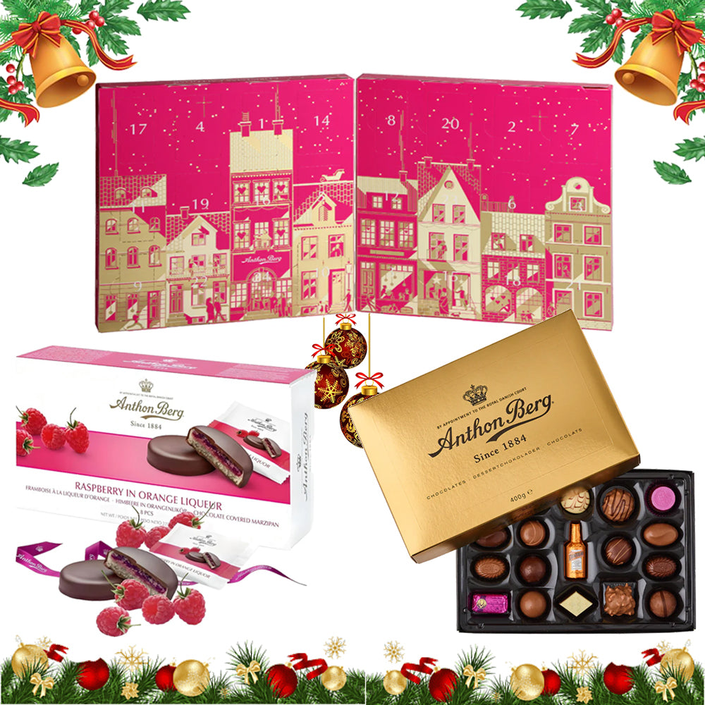 Anthon Berg Christmas Marzipan Gift Set  Marzipan Advent Calendar Raspberry Orange Liqueur & Luxury Gold Chocolate Box