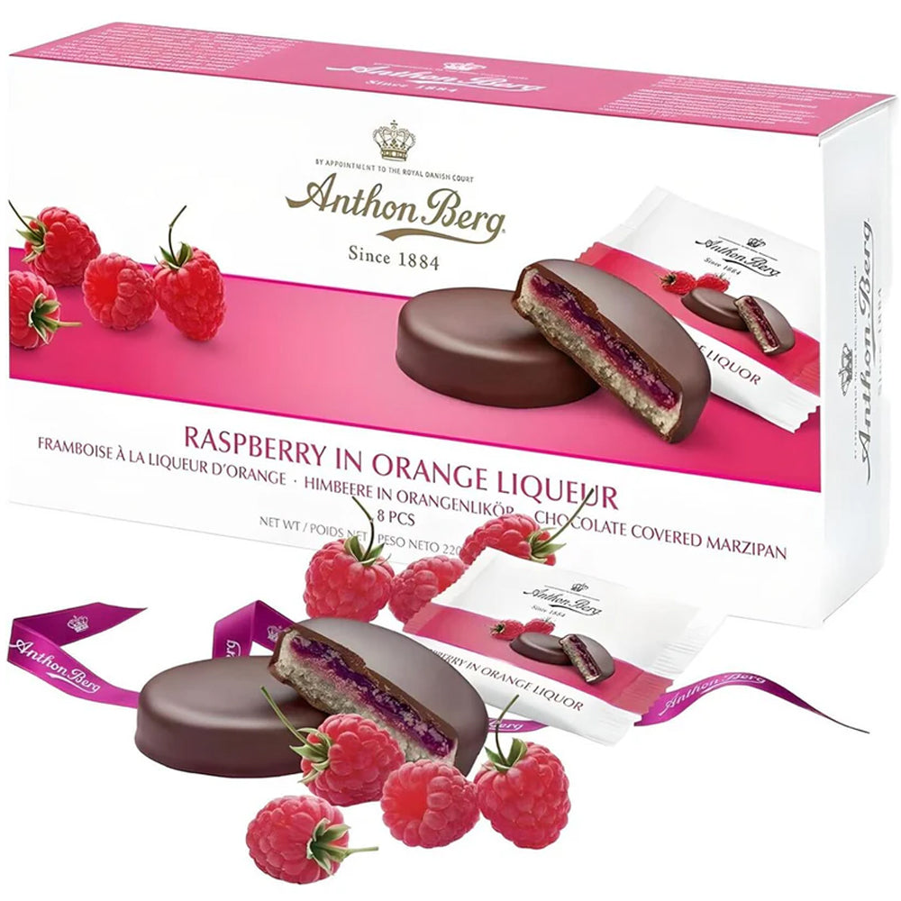 Anthon Berg Liqueur Chocolate Covered Marzipan Trio Raspberry Orange Blueberry Vodka Cherry Rum 220g