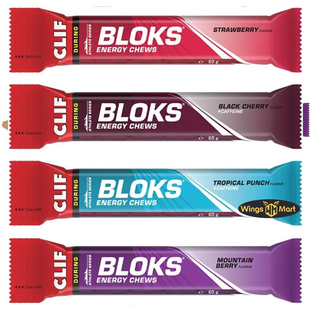 Clif Bloks Energy Chews Variety Pack - Strawberry, Black Cherry, Tropical Punch, Mountain Berry - with Caffeine, Quick Energy for Sports, 4 x 60g