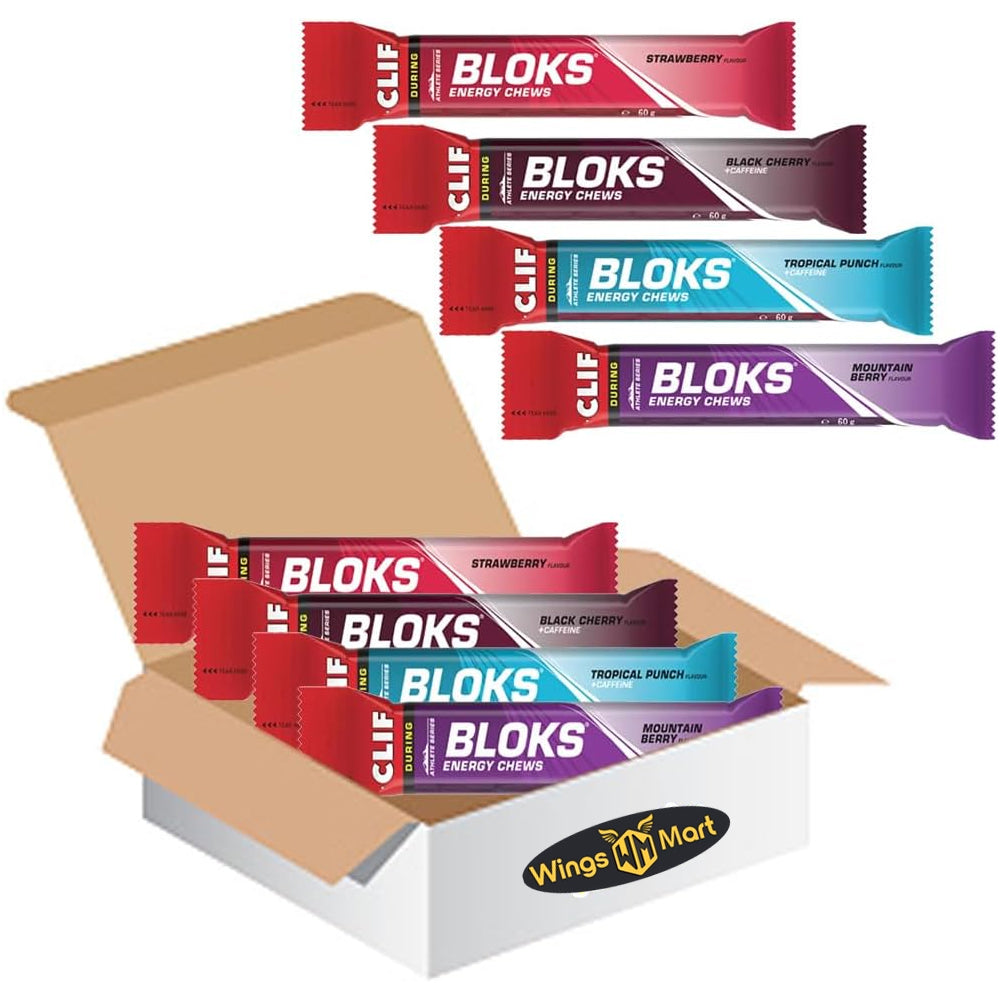 Clif Bloks Energy Chews Variety Pack - Strawberry, Black Cherry, Tropical Punch, Mountain Berry - with Caffeine, Quick Energy for Sports, 4 x 60g