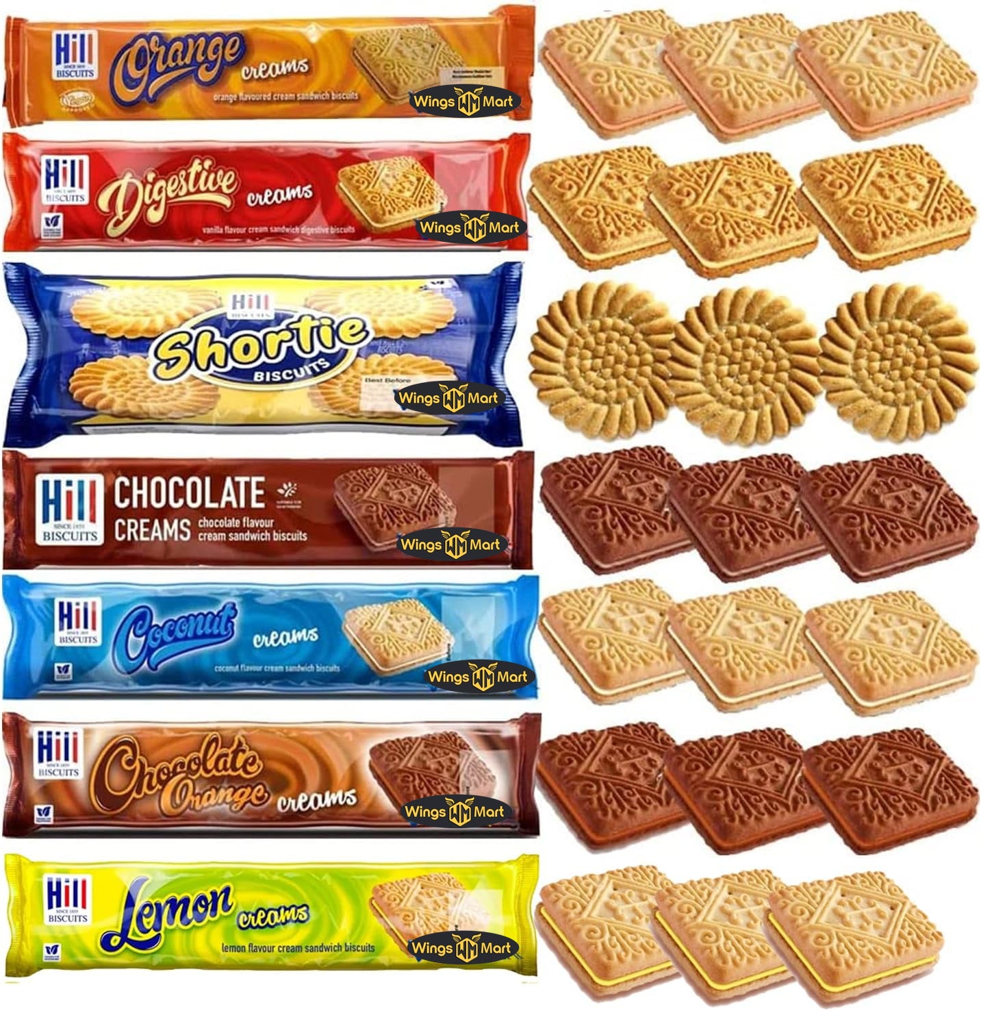 Hills Creams Biscuits 150g - 7 x Mixed Hills Orange,Digestive,Chocolate,Coconut,Plain Shorties,Chocolate Orange Creams Biscuits