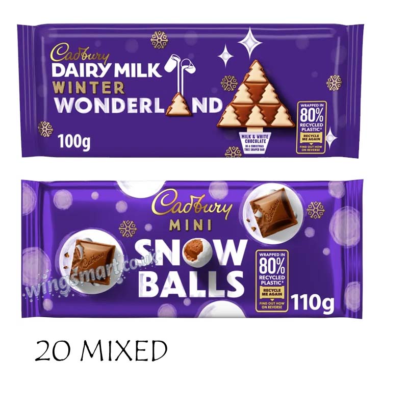Cadbury Winter Wonderland 100g and Snow ball 110g (20 Mixed) with Tub Christmas Treat