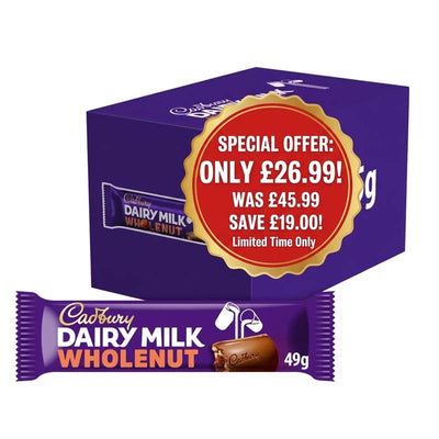 Cadbury Dairy Milk Whole Nut Chocolate Bar 45g (Pack of 48) – Full Box Offer