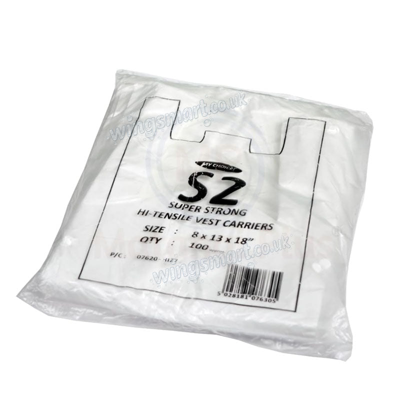 S2 White Hi Tensile Vest 100 Pieces Durable Strong Carrier Bags