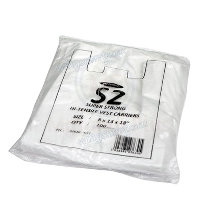 S2 White Hi Tensile Vest 100 Pieces Durable Strong Carrier Bags