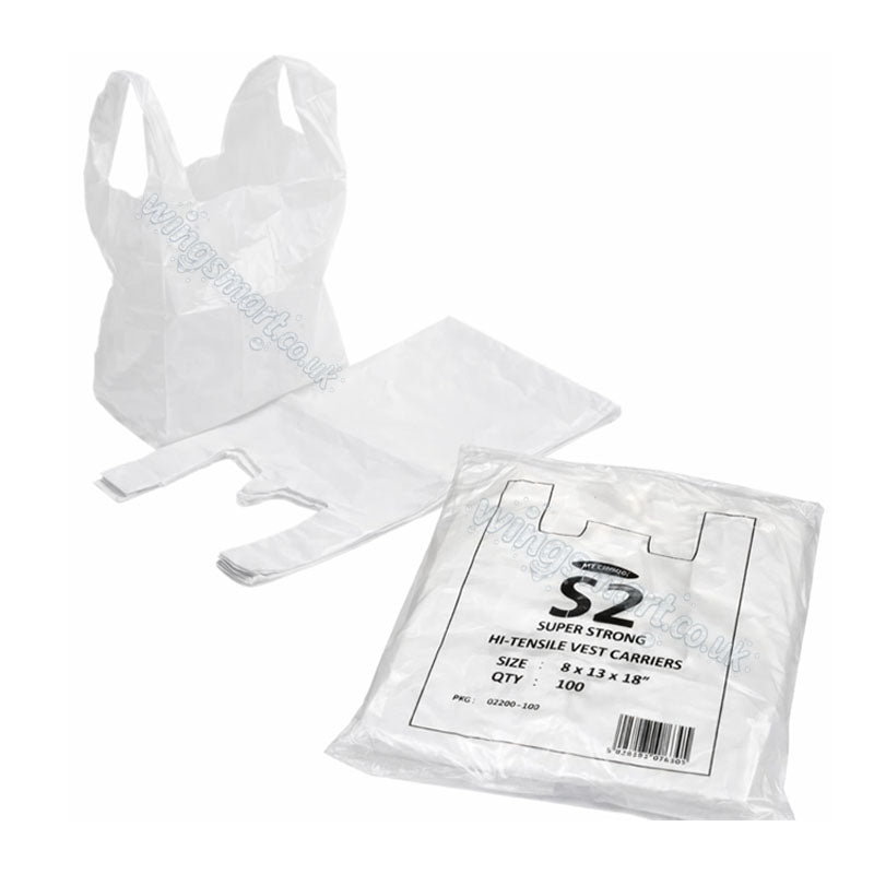 S2 White Hi Tensile Vest 100 Pieces Durable Strong Carrier Bags