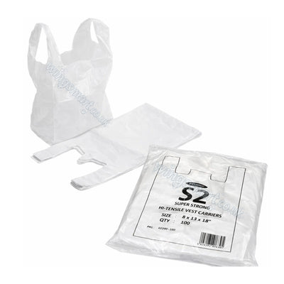 S2 White Hi Tensile Vest 100 Pieces Durable Strong Carrier Bags