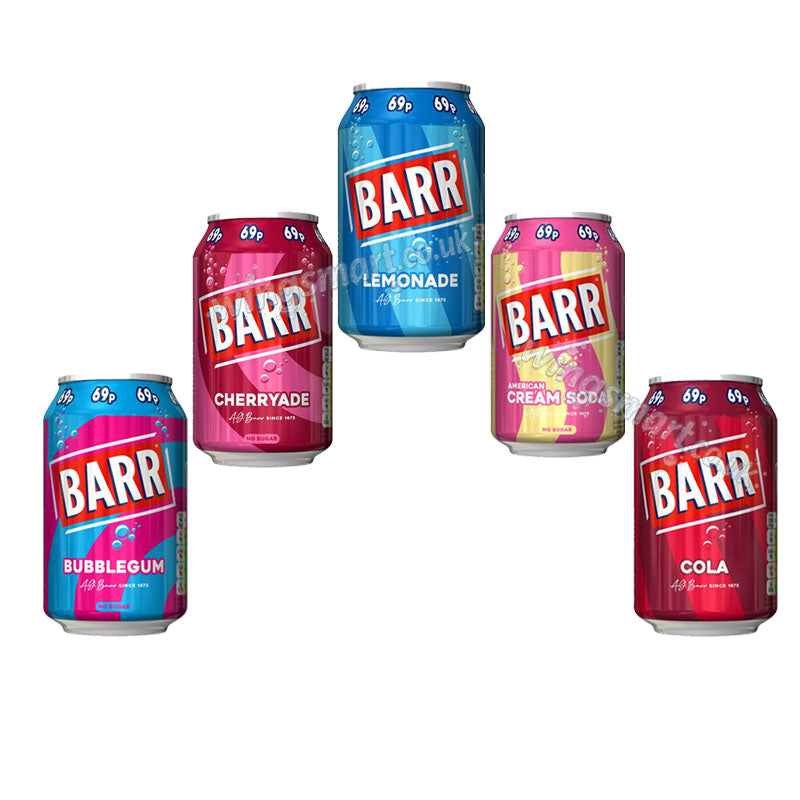 Barr American Soda Variety Pack 330ml PMP – Cola, Lemonade, Cherryade, Bubblegum & Cream Soda | 24 Cans Summer Drinks