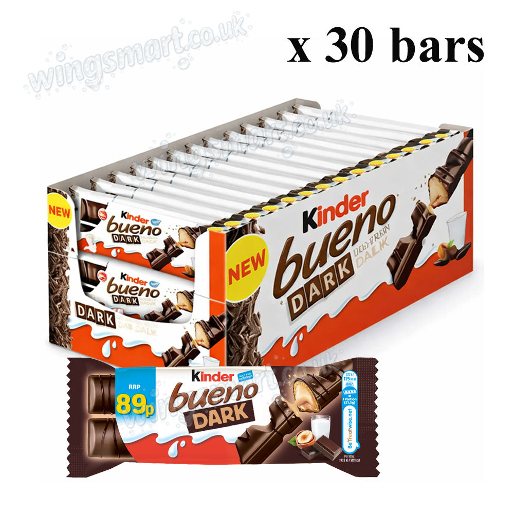 Kinder Bueno Dark Chocolate covered wafer with a smooth milky and hazelnut filling 43g PMP Bar