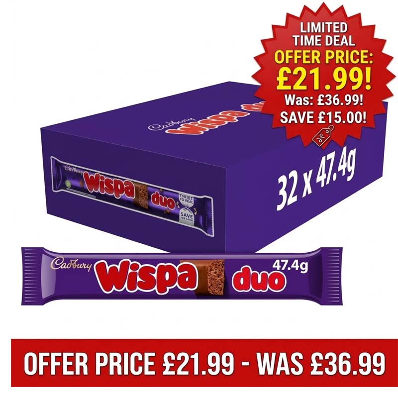 Cadbury Wispa Duo Chocolate Bar 47g (Pack of 32) – Full Box Offer