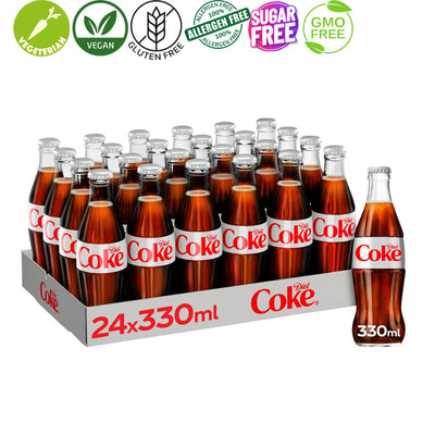 Diet Coke 330ml x 24 Glass Bottles No Sugar Sparkling Soft Drink Summer Treat