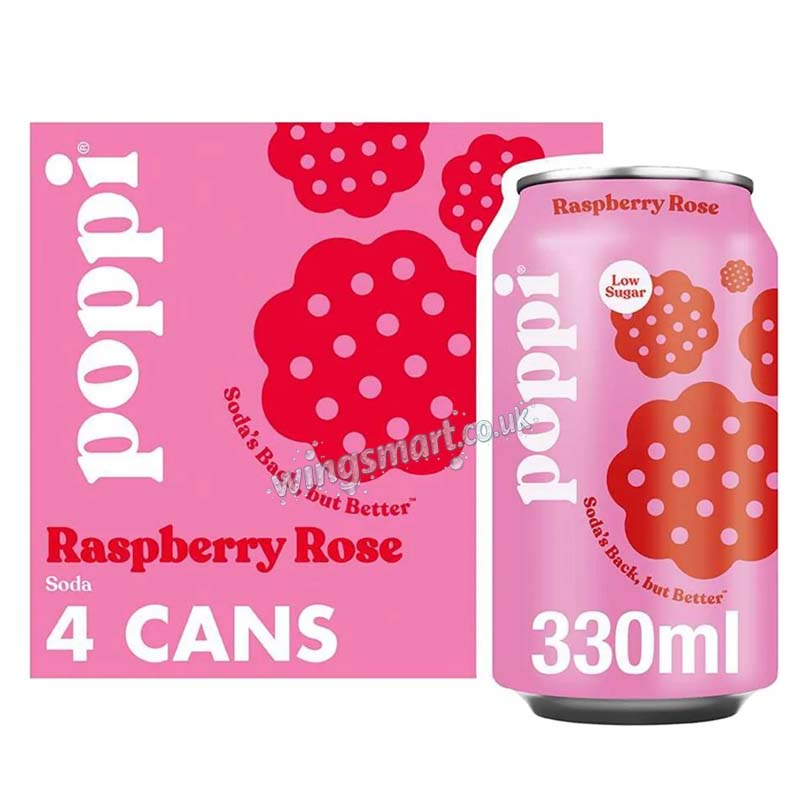 Poppi Raspberry Rose Soda Low sugar Cans 4 x 330ml – Sparkling Prebiotic Soft Drink