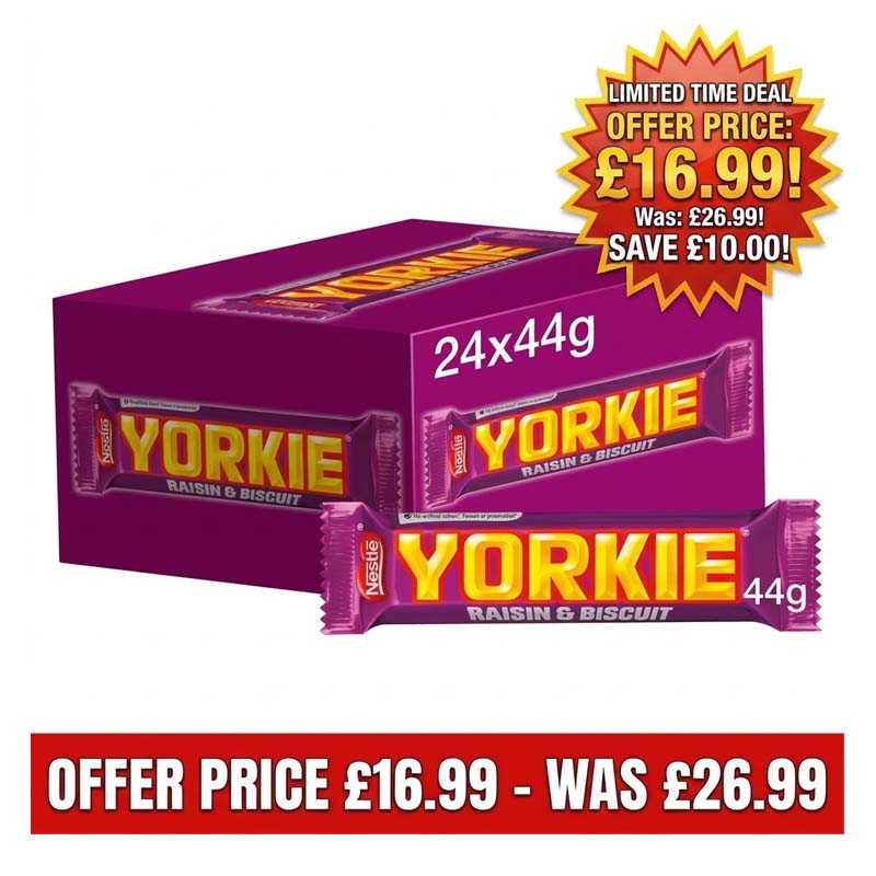 Yorkie Raisin & Biscuit Chocolate Bar 44g (Pack of 24) – Full Box Offer