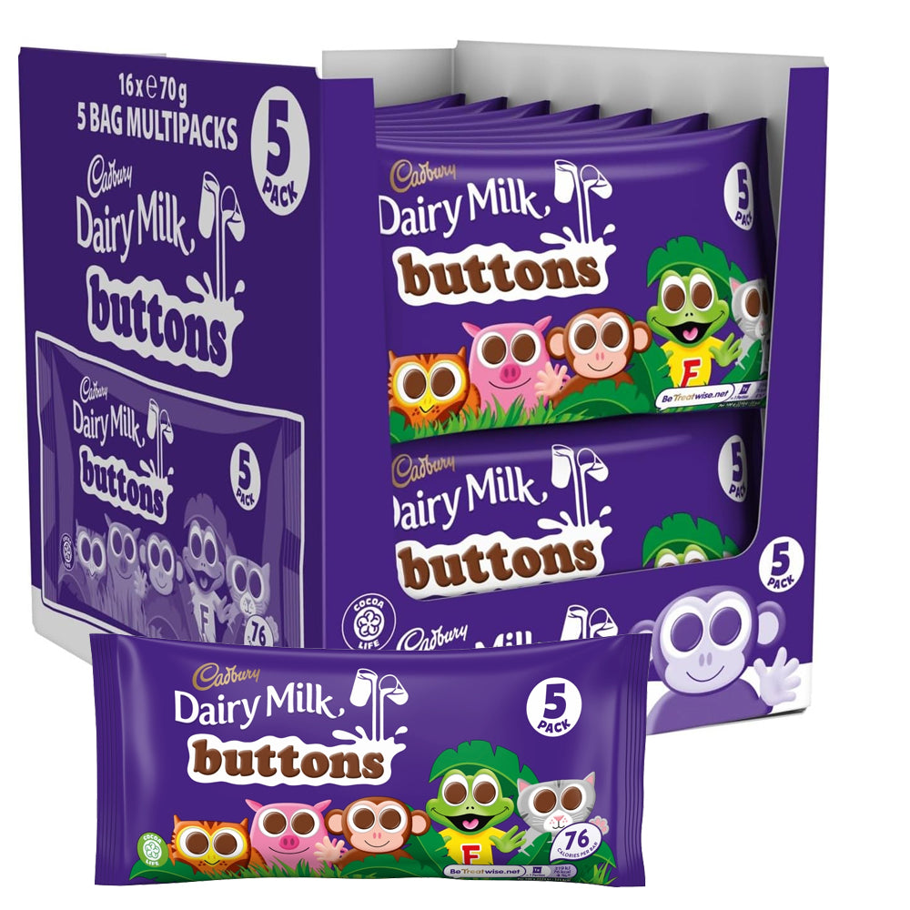 Cadbury Dairy Milk Buttons Treatsize Chocolate Bags 5 Pack 70g (Box of 16)