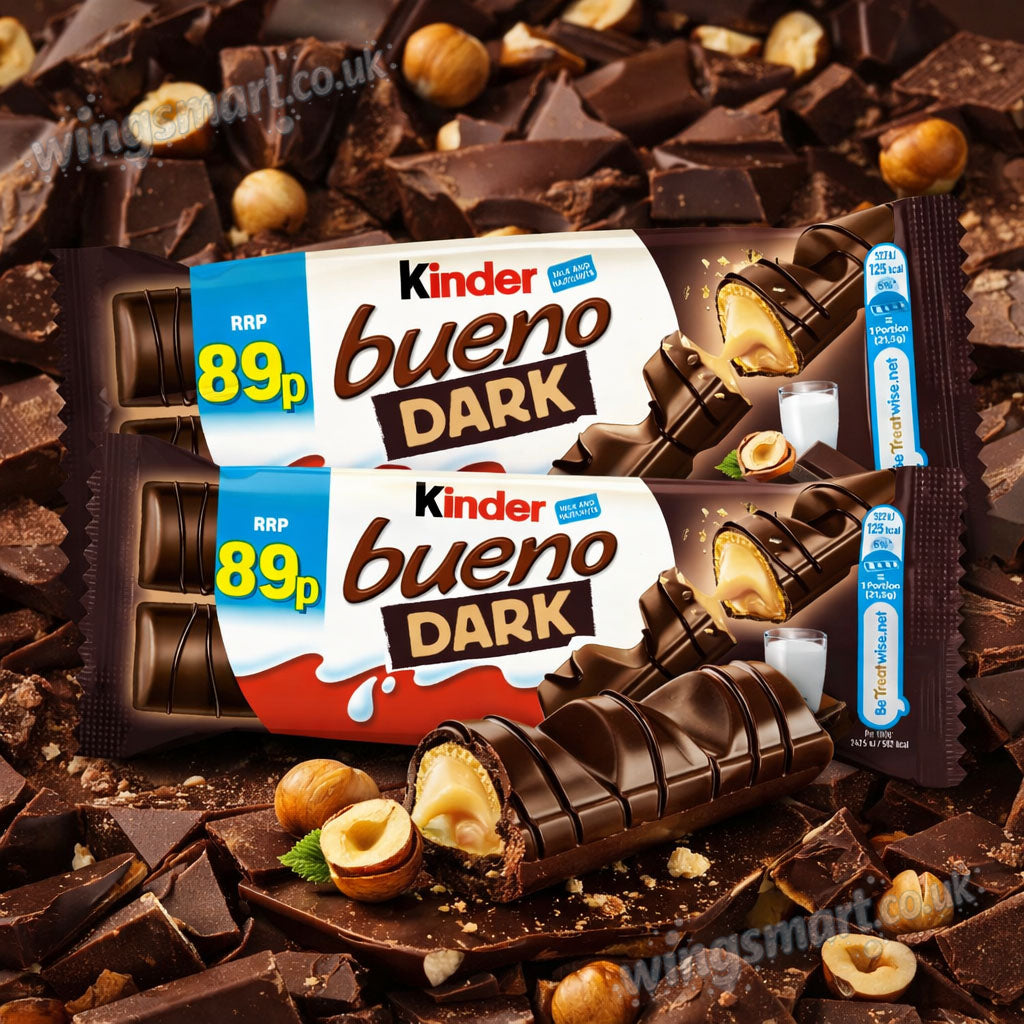 Kinder Bueno Dark Chocolate covered wafer with a smooth milky and hazelnut filling 43g PMP Bar