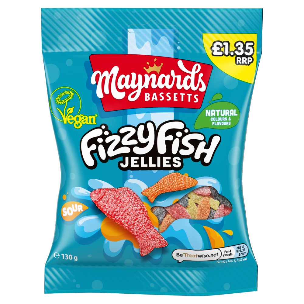 Maynards Bassetts Fizzy Fish Sweets Bag PMP 130g (Box of 12)