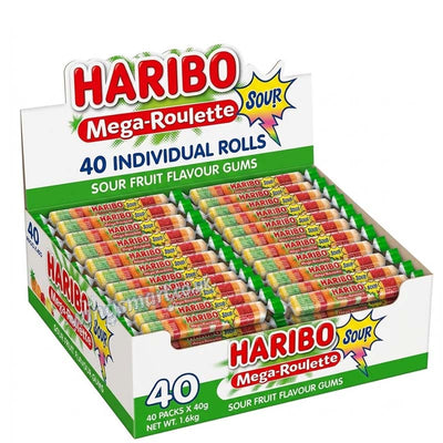 HARIBO Mega-Roulette Sour 40 x 45g Full Box – Sour Fruit Flavour Jelly Rolls
