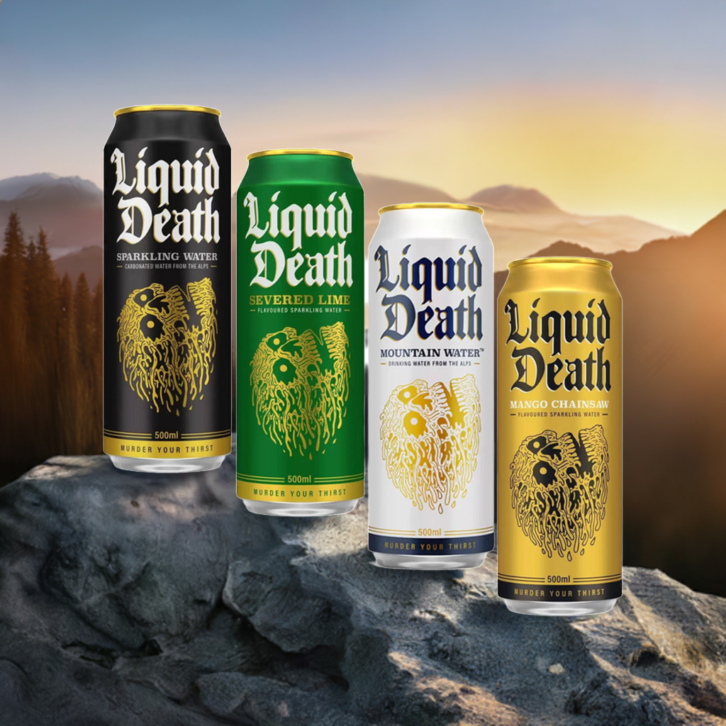 Liquid Death Mixed Water Pack - 500ml Cans of Severed Lime, Mango Chainsaw, Sparkling, and Still Mountain Water - Artwork Edition - Mixed Pack Of 4