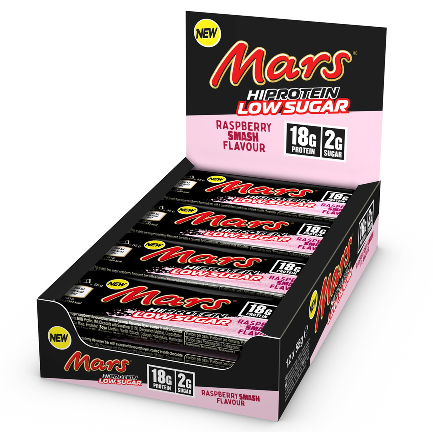 Mars - Raspberry Smash Low Sugar Chocolate Protein Bars 55g (Pack of 12)