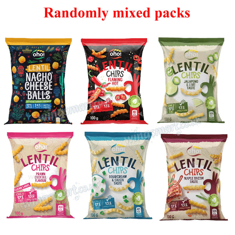 Oho! Lentil Chips 100g Randomly Mixed Flavour Packs (10 -100 packs) | Cheese Spicy Tangy Crunchy Snacks