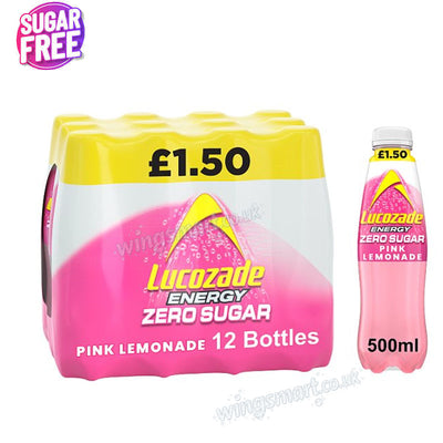 Lucozade Zero Sugar Drink Pink Lemonade 500ml PMP (Box of 12 Bottles)