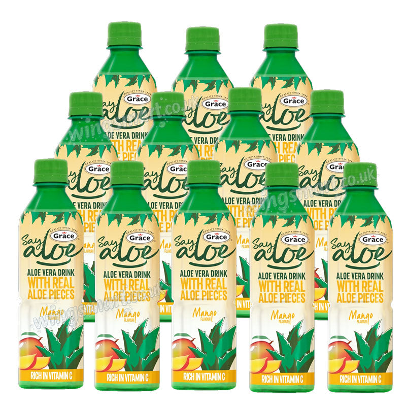 Grace Say Aloe Vera Drink Assorted Flavours 500ml x 12 Bottles – Mango, Strawberry & Original Refreshing Aloe Juice