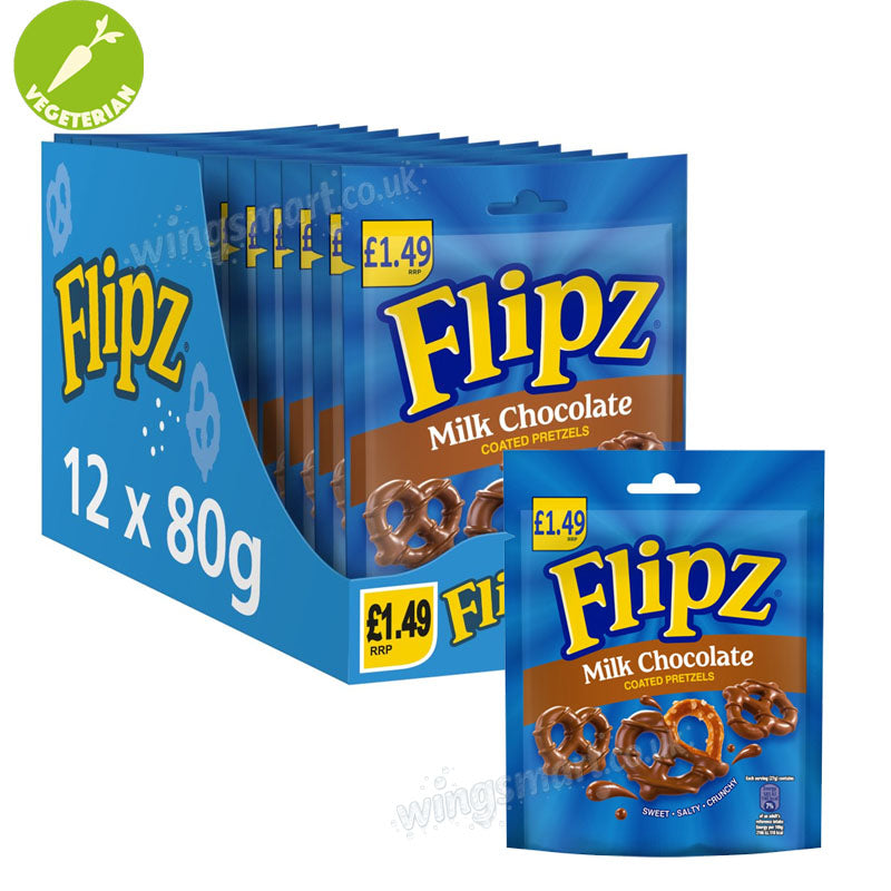 Flipz Cinnamon Bun & Peanut Butter Pretzels 80g PMP Sweet Coated Snacks (box of 12 packs)