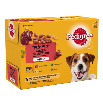 Pedigree Adult Wet Dog Food Pouches Mixed in Jelly 12 x 100g (Box of 3)