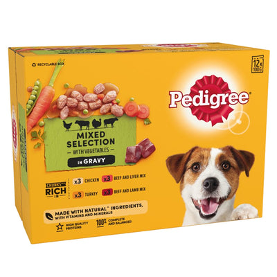 Pedigree Adult Wet Dog Food Pouches Mixed in Gravy 12 x 100g (Box of 3)