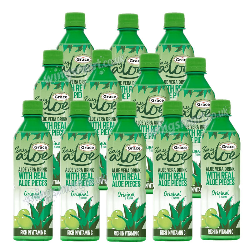 Grace Say Aloe Vera Drink Assorted Flavours 500ml x 12 Bottles – Mango, Strawberry & Original Refreshing Aloe Juice