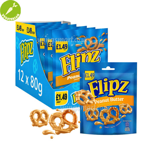 Flipz Cinnamon Bun & Peanut Butter Pretzels 80g PMP Sweet Coated Snacks (box of 12 packs)