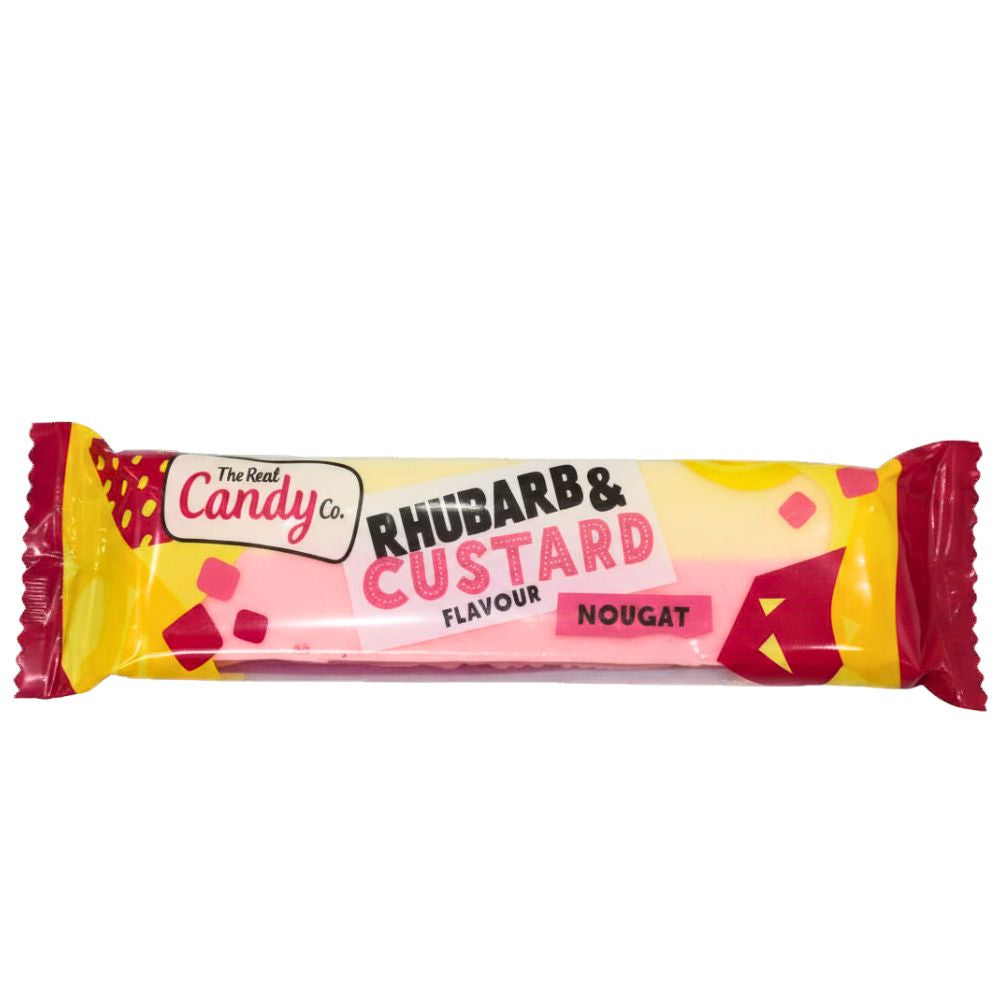 The Real Candy Co. Rhubarb & Custard Nougat Bar 130g (16 Pack) – Traditional British Chewy Nougat